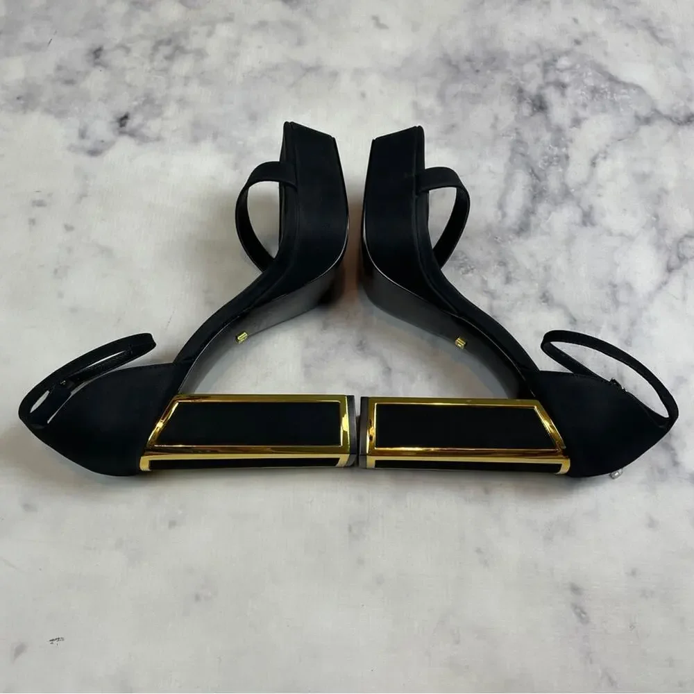 Kat Maconie Missy Black Platform Sandals Gold Edge Heel NWOB Sz 40